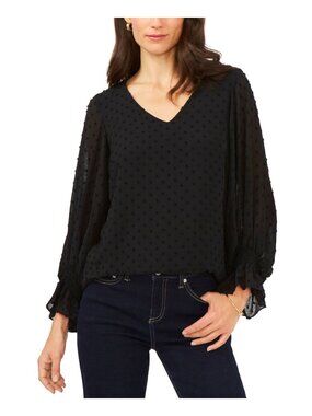Sam & Jess Womens V Neck Smocked Cuff Swiss Dot Top Rich Black Size S NWT